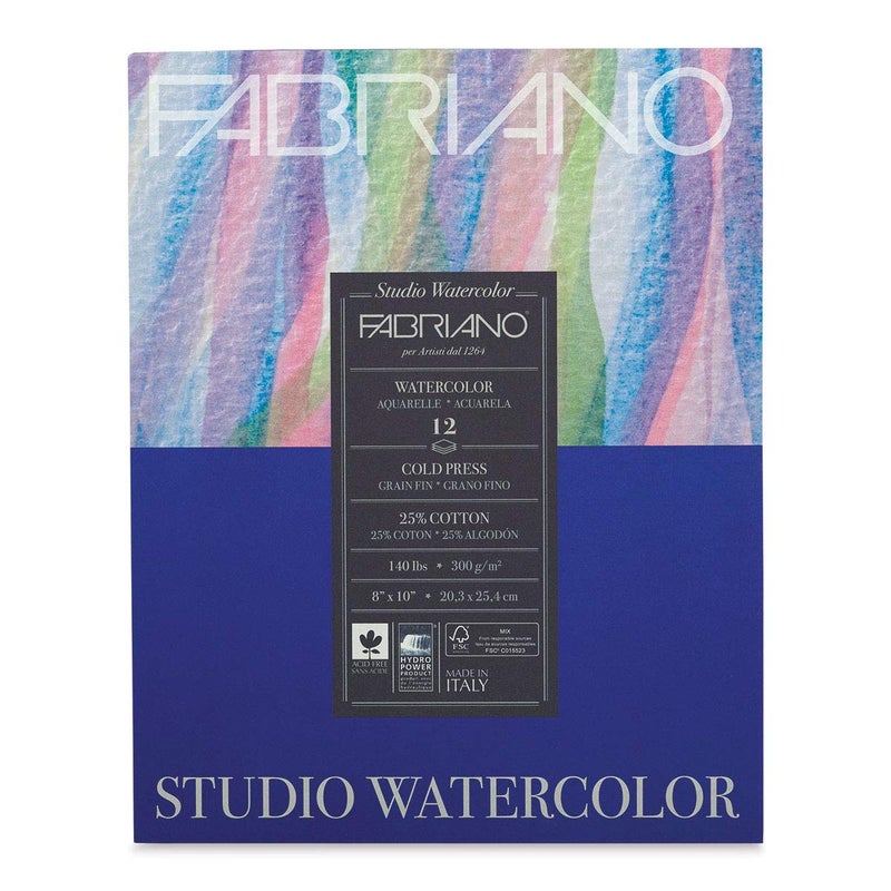 Fabriano 91230020 Tape Binding Acid-Free Cold Press Studio Watercolor Pad, 12 Sheets, 140 Pound, 8"x10"